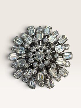 1950s Mid Century Silver Tone Clear Rhinestone Starburst Brooch 1.86" Vintage